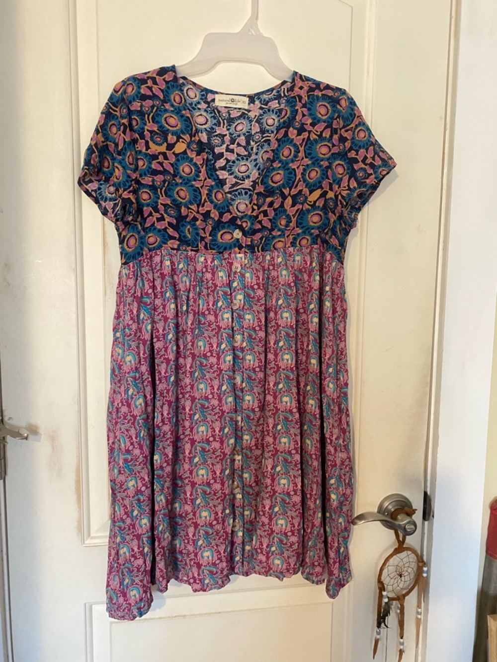 NATURAL LIFE Floral Patchwork Short Sleeve Dress - Pink, Blue & Teal